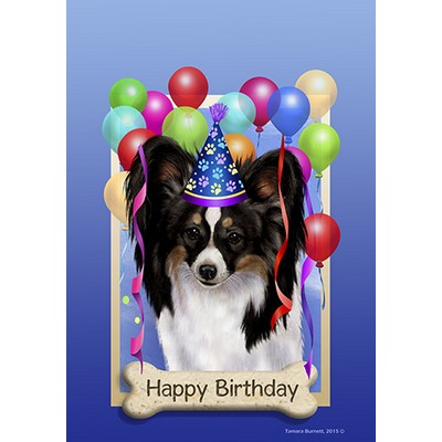 Papillon Tri Happy Birthday Flag by Tamara Burnett - Furrypartners